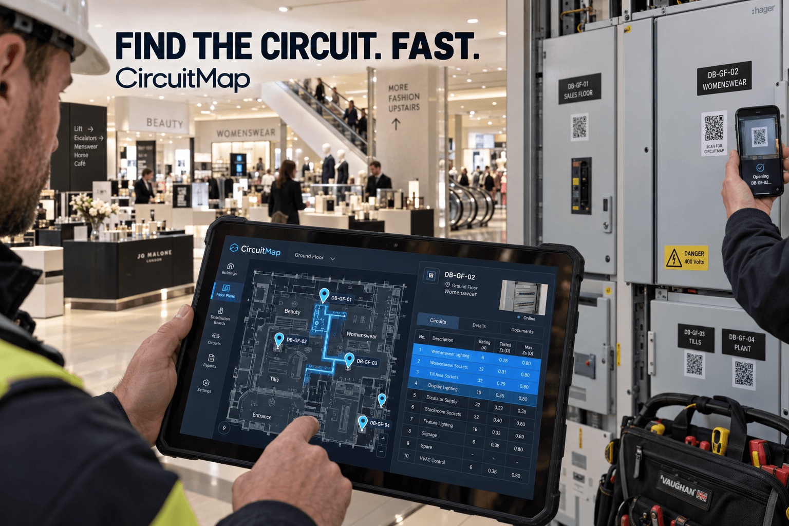 Find the circuit. Fast. CircuitMap illustration of an engineer viewing a retail floor plan on a tablet while a colleague scans a distribution board QR label.